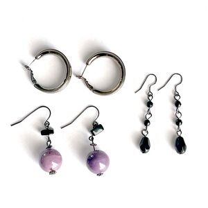 BOGO Three Pairs of Gun Metal, Black, and Purple Earrings